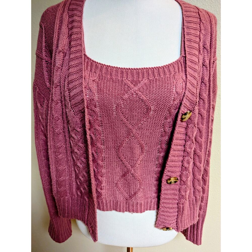 Pink Cable Knit Cardigan Sweater & Tank Set | V-Neck Button Front | Women